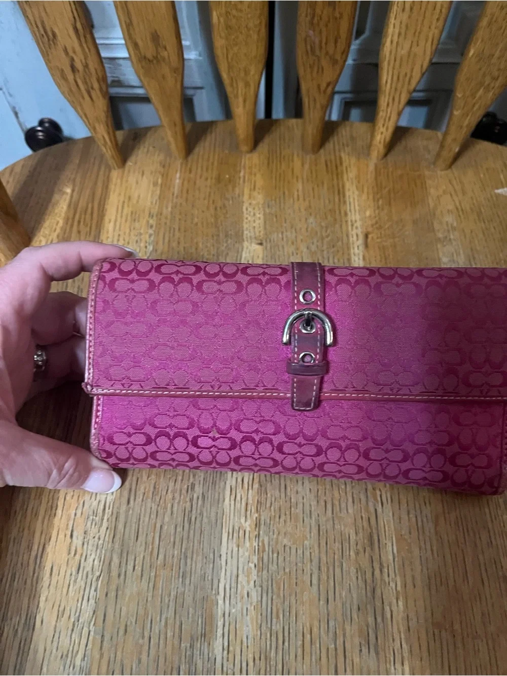 Coach Fuchsia Signature Large Jacquard Wallet with Buckle Detail